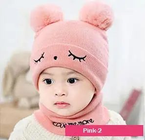 new hat scarf autumn and winter baby hat boys and girls hair ball hat O collar scarf winter warm knitted beanie hat scarf s - Цвет: Pink-2