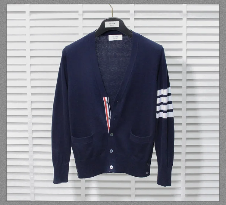 Модные брендовые мужские свитера TB Tom, приталенные кардиганы с v-образным вырезом, одежда в полоску, хлопковое весеннее и осеннее повседневное пальто - Цвет: Синий
