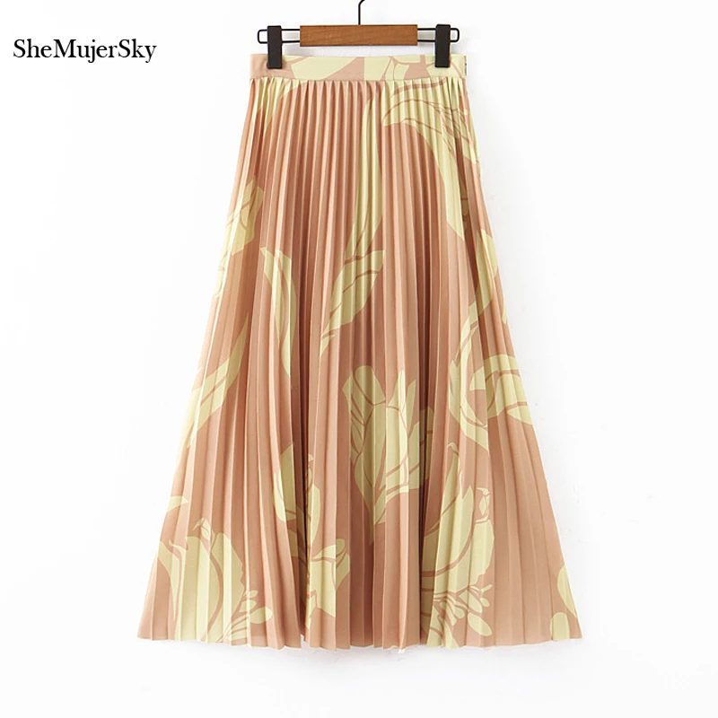 

SheMujerSky Autumn High Waist Skirts Women Pleated Print Skirt 2019 A-line Skirts falda mujer