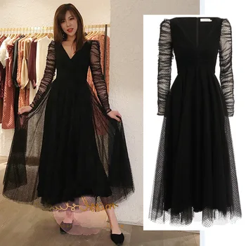 

New 8373 winter flocking wave point fluffy black lace perspective princess dress