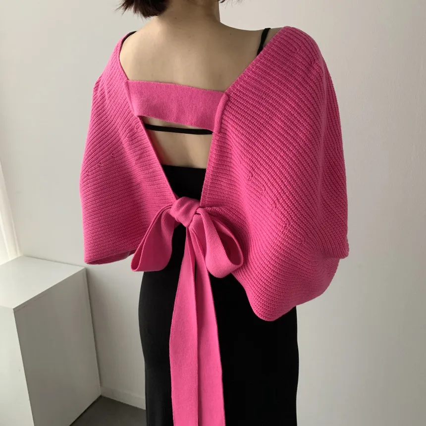 

Elegant Sweaters Women Korean Chic Autumn Temperament Bandage Back Hollow Lace-up Loose Bat Sleeve Cardigans Tops Sweater Coat
