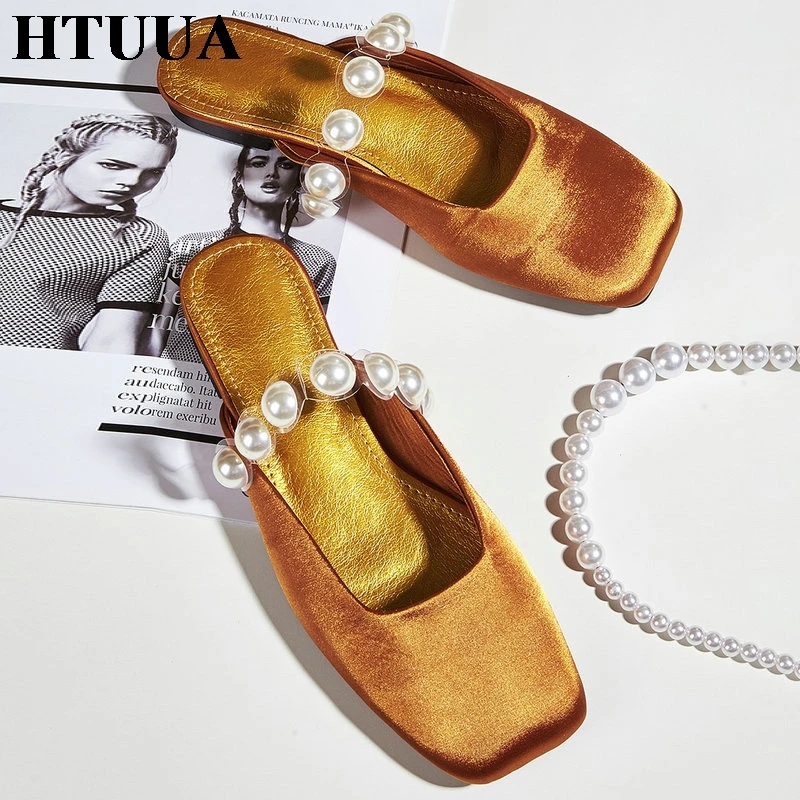 Шлепанцы HTUUA женские на плоской подошве повседневные сандалии с квадратным