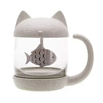

Cartoon cute kitten glass Glass grain fiber PP Glass filter cup with lid heat-resistant Filter cup 1 Piece
