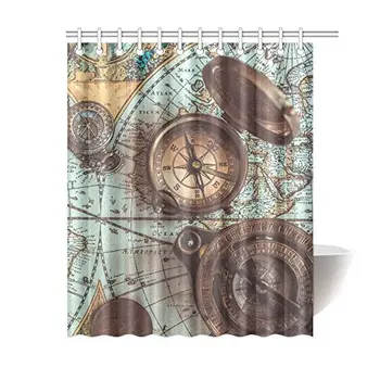 

Retro Vintage Nautical Compass on Ancient World Map Waterproof Shower Curtain Decor, Fabric Bathroom Set with Hooks, 60(Wide) x
