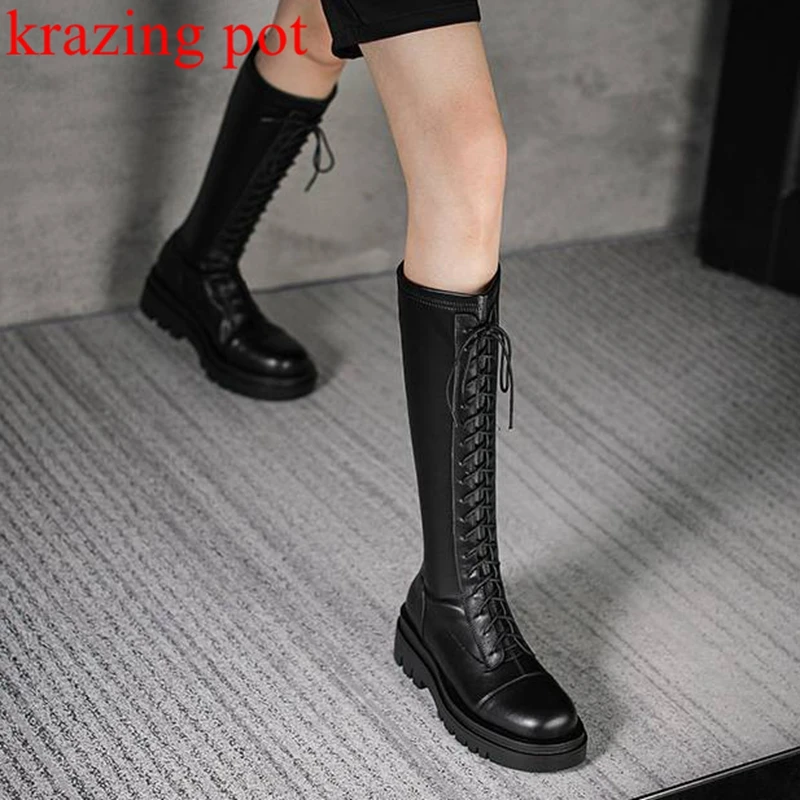 

Krazing Pot Cow Leather European Riding Boots Round Toe Winter Cross-tied Lace Up Med Heels Big Size 44 Ins Knee High Boots Ins