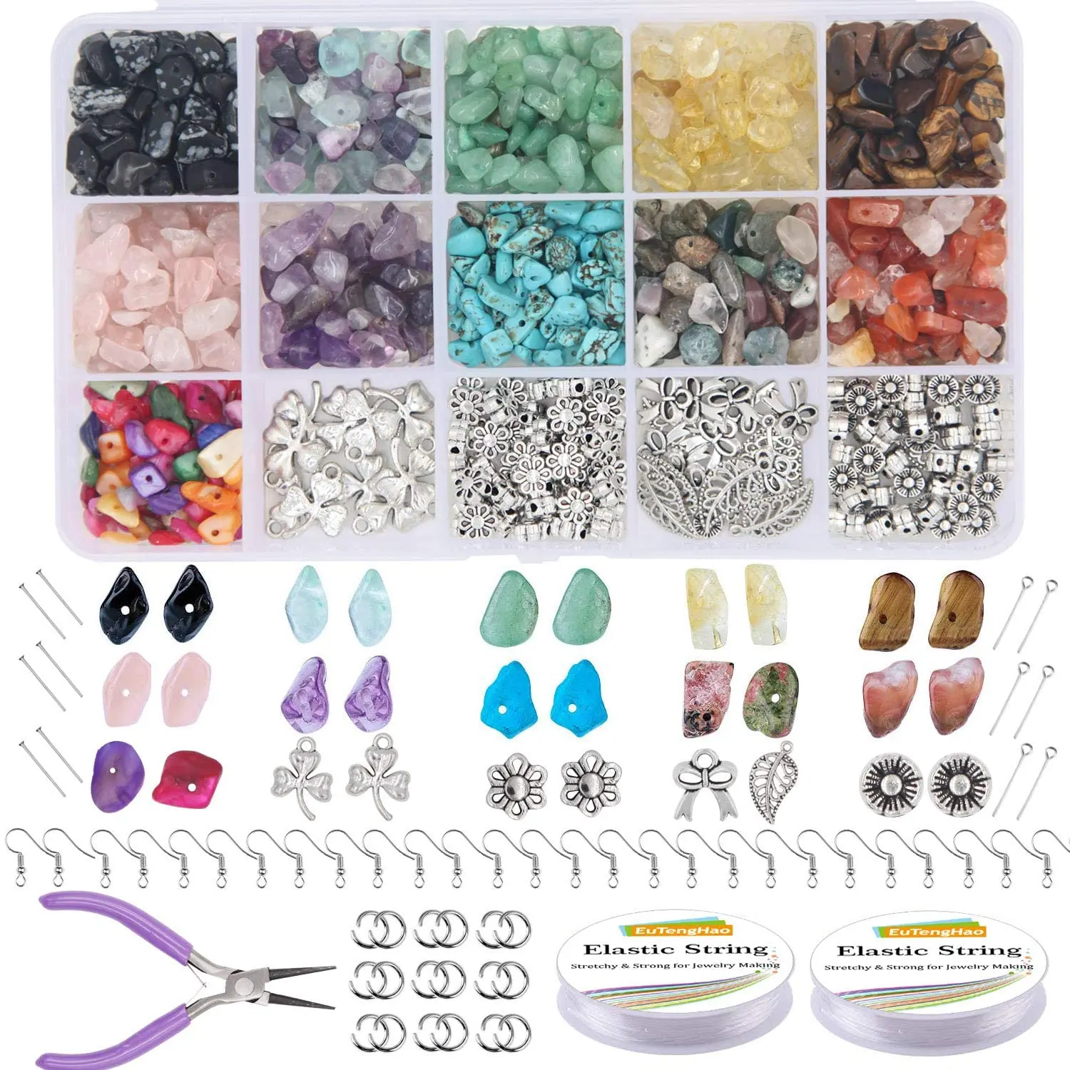933Pcs 불규칙한 칩 스톤 비즈 천연 보석 비즈 키트 귀걸이 후크 스페이서 비즈 DIY 쥬얼리 만들기 용품