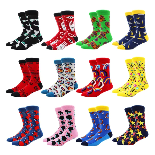 2021 New Style Men Cotton Socks Harajuku Funny Casual Happy Cute Colorful Novelty Socks Women and Men Wedding Accessories Gift FJZH002-12 Pairs