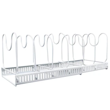

Expandable Pots and Pans Organizer Rack - Holds 7 Pans & Lids to Keep Cupboards Tidy - Adjustable Bakeware Rack for Kitchen and