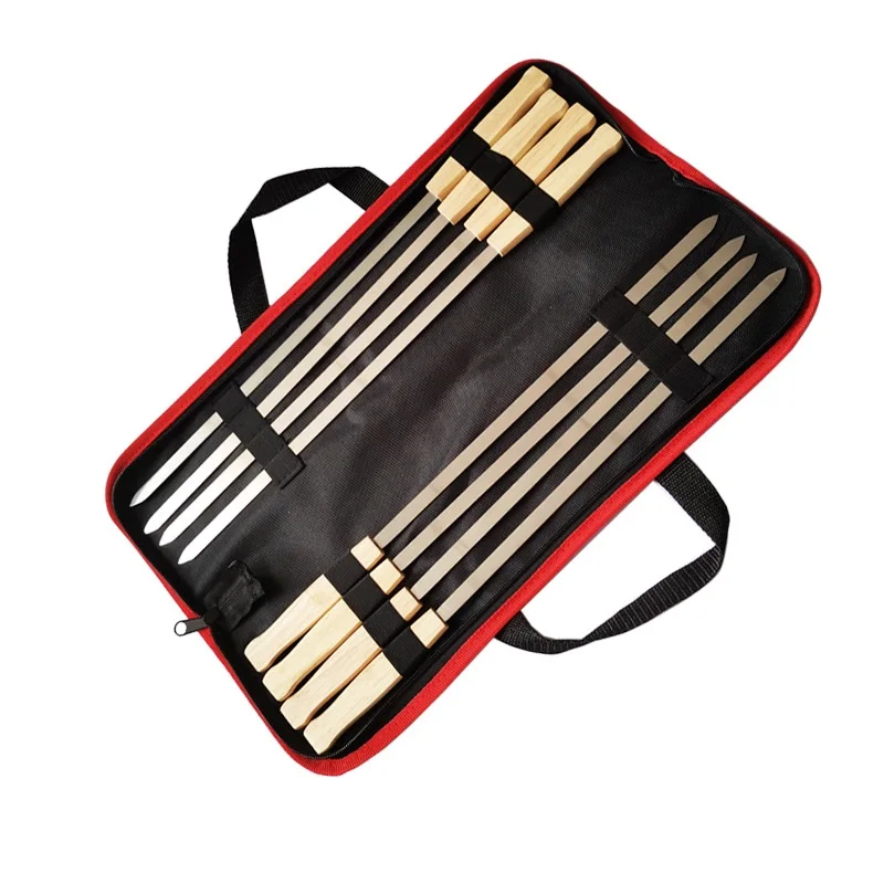 

8PC/Set Stainless Steel Skewers Oak Handle Nylon Storage Bag Handbag Metal BBQ Sticks Barbecue Tool Set