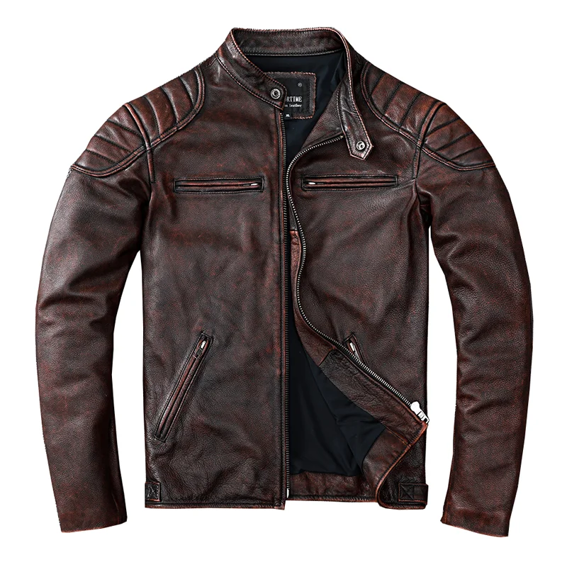 Vintage Style Mens Cowhide Biker Genuine Leather Jacket Fashion Brown Leather Slim Coat
