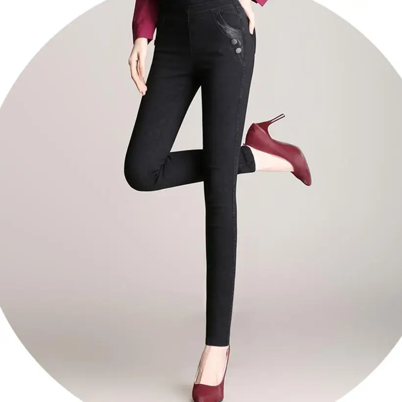 Женские Стрейчевые брюки, черные узкие брюки, с карманами, сшитые, ПУ размера плюс, высокая талия, повседневные женские штаны s, S-5XL