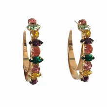 Красивые позолоченные серьги-кольца с большим цветным камнем для женщин