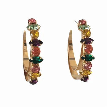 

PRETTY GOLD COLOR PLATING HOOP WITH BIG COLORFUL STONE INSERTED HOOP EARRINGS FOR WOMEN