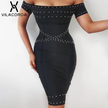 

Off Shoulder Beaded Design Bodycon Dress Women Short Sleeve Slash Neck Midi Party Dress sexy Summer Office Lady Clothing