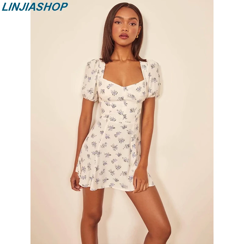 Square neck mini dress short sleeve Outlet