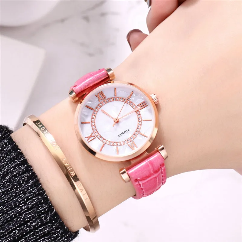 

Pink Clock Leather Strap Bracelet Watch Women Diamond Wrist Watches For Ladies Dress Crystal Quartz Zegarek Damski Reloj Mujer