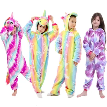 

Winter New Flannel Hooded Full Unicorn Series Kids Pijama Kigurumi Children Sleepwear Polyester Animal