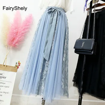 

FairyShely 2020 Tulle Chiffon Long Skirt Women Summer Elastic Band High Waist Irregular Mesh Skirt Lace Black Skirt