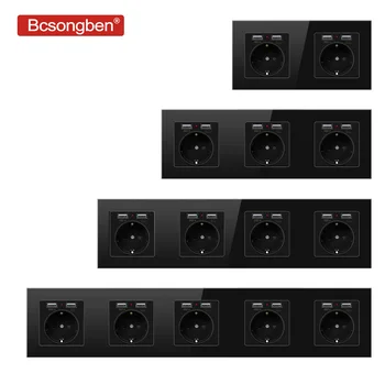 Bcsongben usb with socket Wall Crystal Glass Panel Power Socket Plug Grounded, 16A EU Standard 2/3/4/5 way Outlet 146mm * 86mm manufacture livolo white crystal glass panel 2 gangs wall tv and tel socket outlet vl c7 1vt 11 without plug adapter