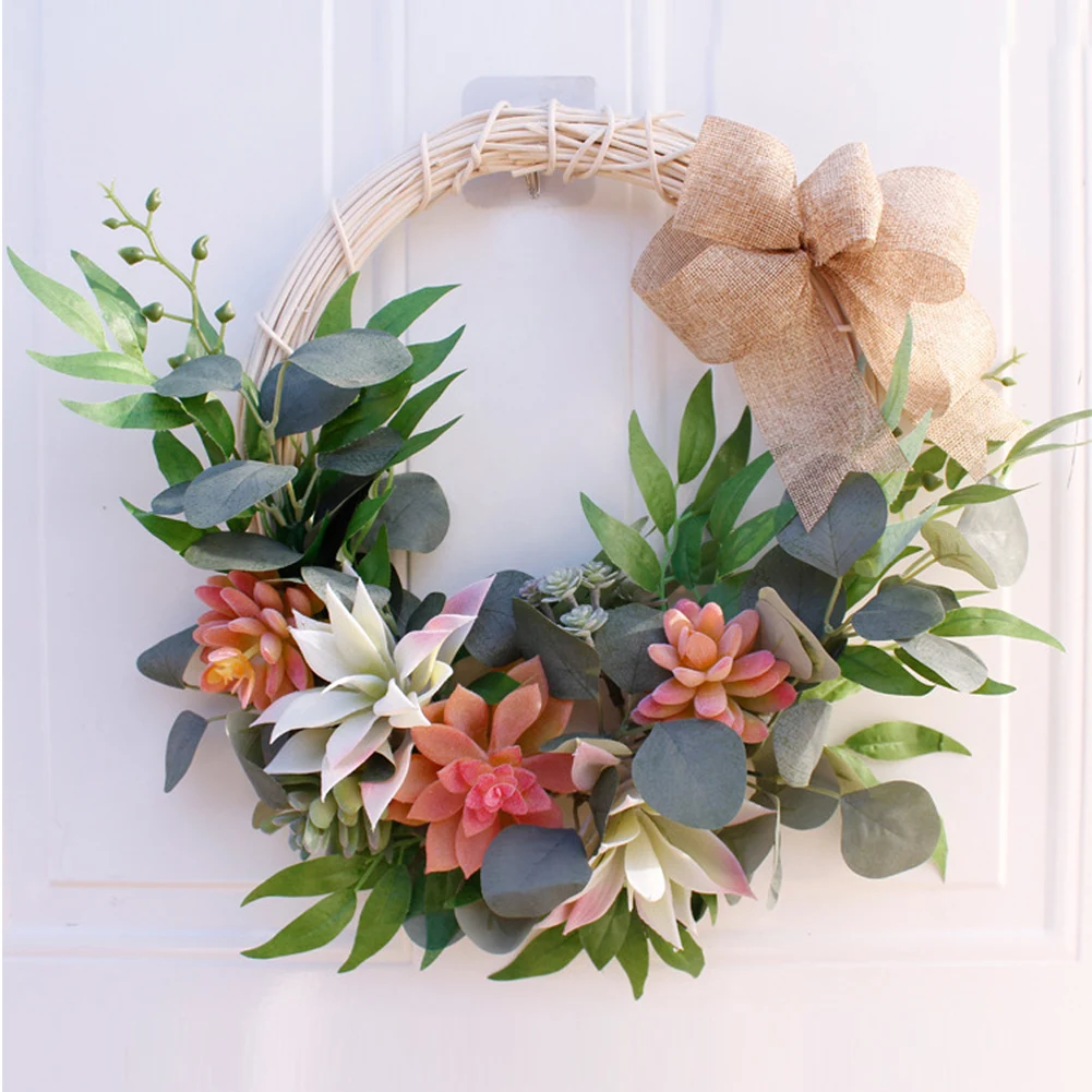 

Artificial Succulent Twig Wreath Simulation Succulent Fake Flower Wreath Handmade Round Garland Design for Front Door Wall