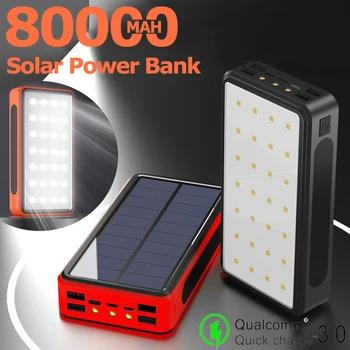 

80000mAh Solar Power Bank 4 USB Poverbank Type C Powerful Camping LED Light Portable Charger for IPhone Xiaomi Samsung