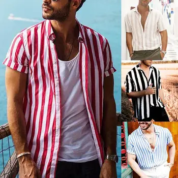 

Newest Men Summer Stripe Print Button Turn Down Collar Short Sleeve Shirt Casual Top