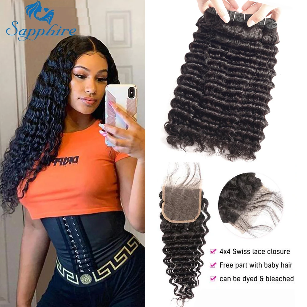 Sapphire Brazilian Curly Hair Weave Bundles With Closure 3 Bundle