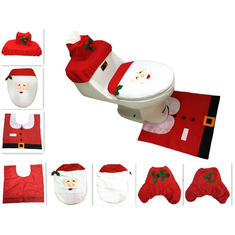 Toilet Foot Pad Seat Cover Cap Christmas New Year Decorations Santa Toilet Seat Cover And Rug Carpet Bathroom Accessory 1Set
