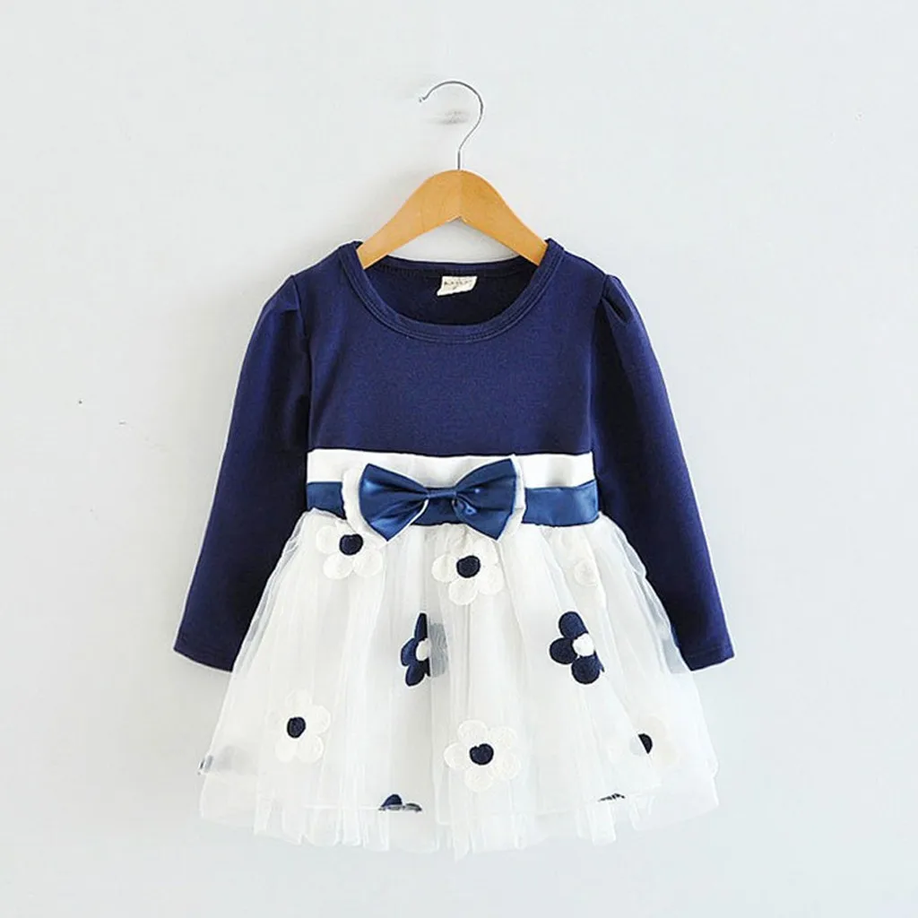 

Dress for girls cute new fashion baby girls long sleeve tulle patchwork flower bow dresses clothes dress girl