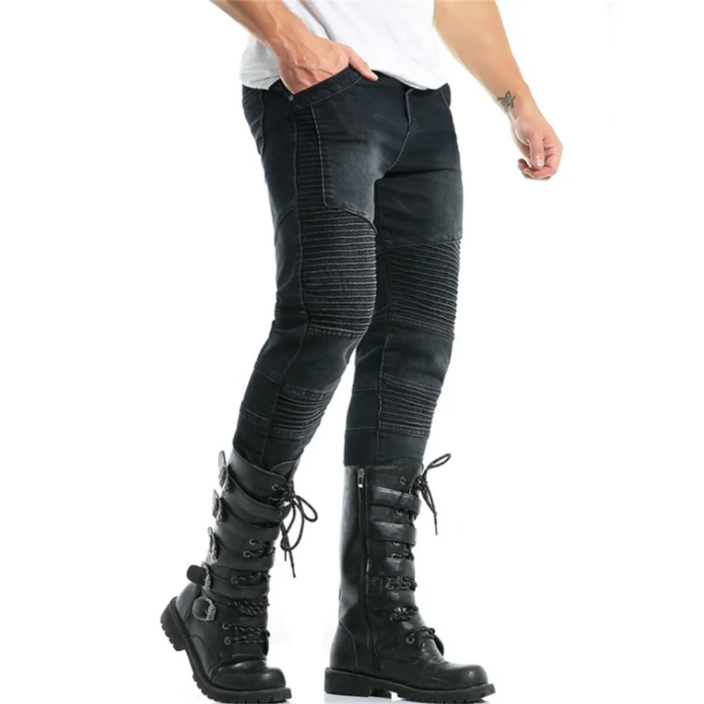 EH · MD® Stitching Jeans Men's Skin-tight Washed Slim-fit Three-dimensional Pleated High-elastic Solid Color Small Feet Black