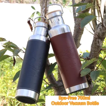

700ml American Outdoor Vacuum Sports Kettle Stainless steel 304 Thermos Water Bottle With Pu Wrapping Portable Bamboo&steel Lid