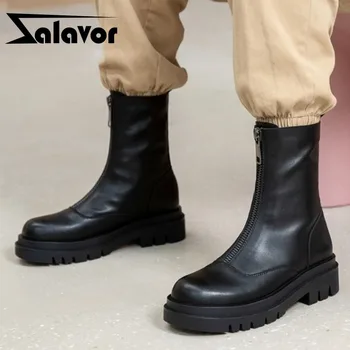

ZALAVOR Size 34-43 Women Real Leather Mid Calf Boots Round Toe Shoes Winter Warm Boots Women Fashion Party Front Zipper Footwear