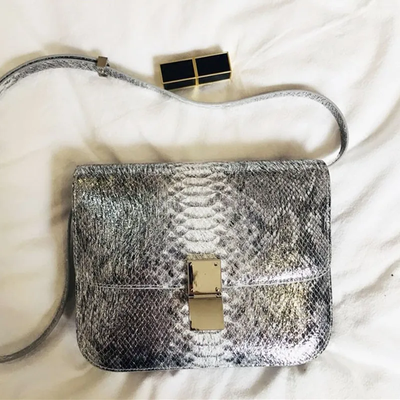 

Fashion Lady Silver Serpentine Handbags Women Messenger Bags Genuine Leather Lock Cowhide Shopping Ladies Hand Stewardess
