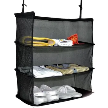 

3 Layers Mesh Hanging Storage Bag Folding Clothes Shoe Organizer Holder Shelves for Closet Luggage with 2 Metal Hooks Organizer