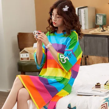 

Summer Cotton Pajamas Women's Short-Sleeved Loose Large Size Korean Student Rainbow ins Wind Long Home Service