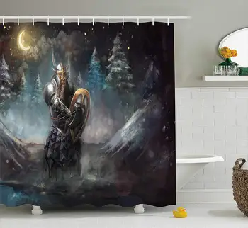 

Fantasy Shower Curtain Artistic Illustration of Medival Dwarf Knight in Gothic Shield in Mysterious Forest Fabric Bathroom Decor