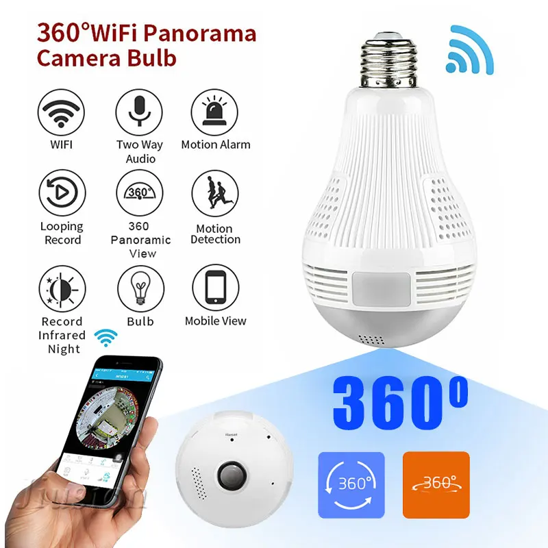 360 градусов Wi Fi лампа мини камера 960P HD CCTV Панорамное ночное видение Обнаружение