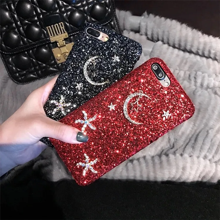 

case for iPhone 11 XR 7 8 11 Pro Max X XS Max Plus 6 6s star and monn rhinestone Sequin cover