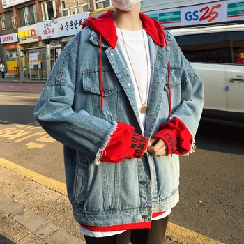 

Autumn Denim Jacket Men Fashion Casual Fake Two Hooded Denim Jacket Coat Man Streetwear Wild Loose Hip Hop Bomber Jacket Men
