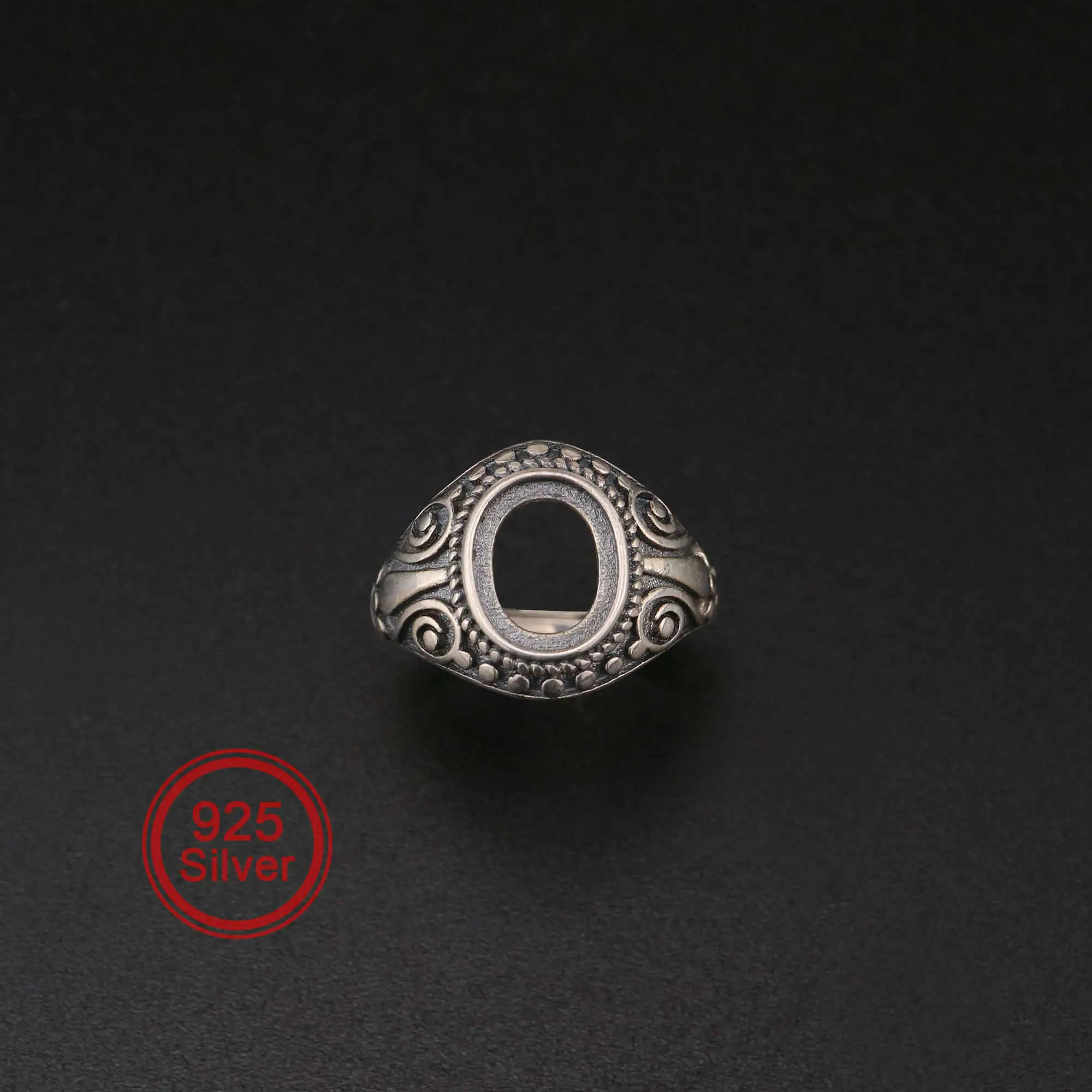 

8x10MM Vintage Style Antiqued Solid 925 Sterling Silver Oval Bezel Adjustable Ring Settings for Cabochon Stone 1223107