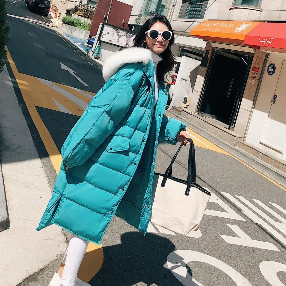 

Photo Shoot CHIC College Style Large Fur Collar Hooded Off-white Loose-Fit down Coat Women's Winter over-the-Knee Thick Cotton O