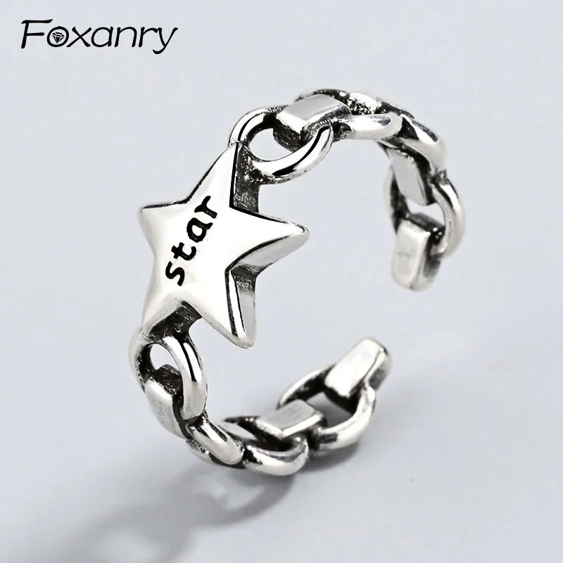 

Foxanry 925 Sterling Silver Handmade Opening Rings for Women Couples Personality Punk Pentagram anillos Jewelry Party Gifts
