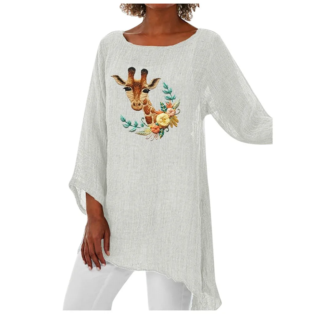 

Women Fashion Boho Clothing Giraffe Print White Long Blouse Long-sleeved Loose Shirt Plus Size Tops Blusas Mujer De Moda 2019 #W