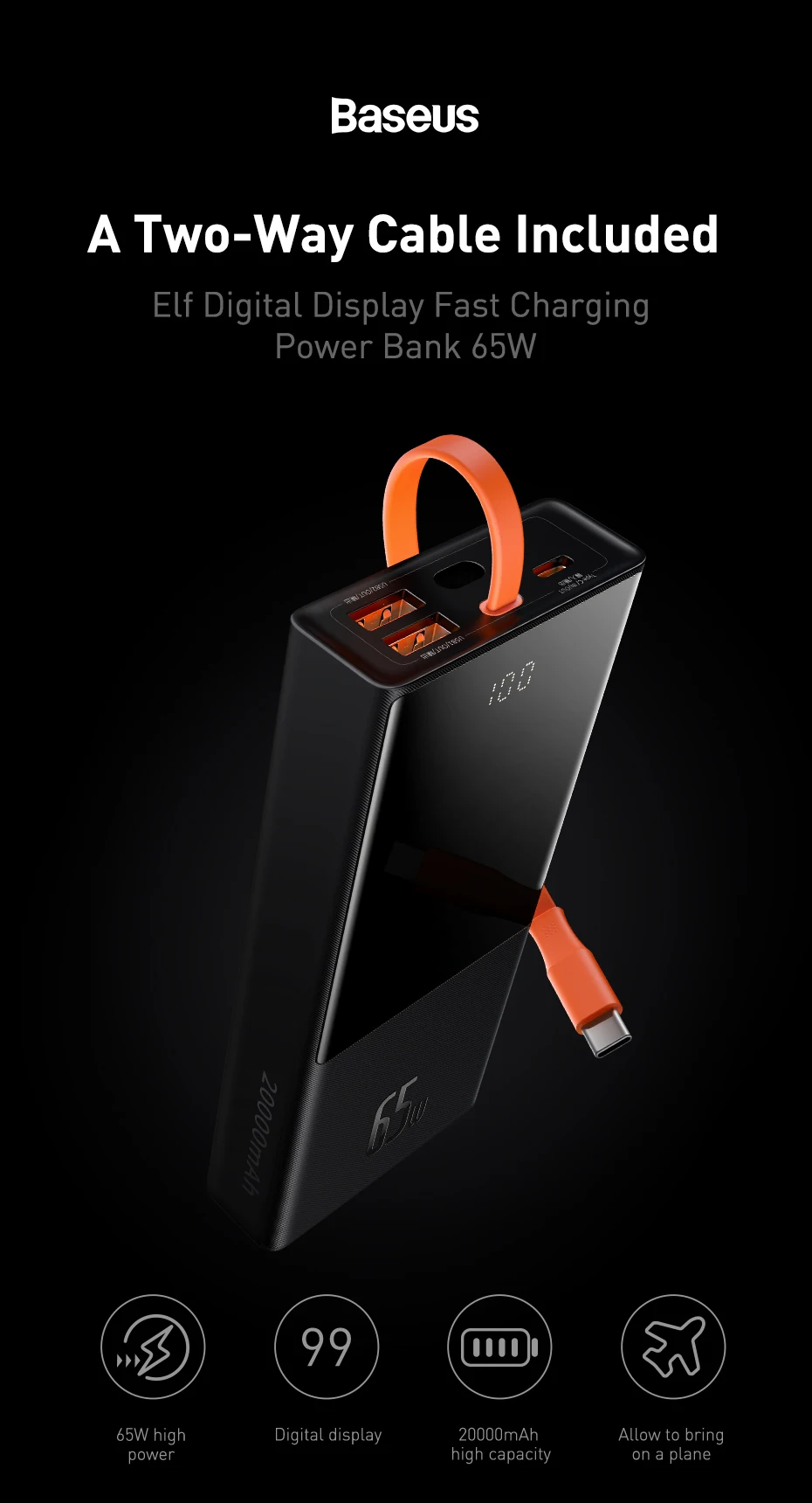 Baseus Power Bank 20000mAh PD 65W Fast Charging Portable Battery Built cable PoverBank For iPhone 12 Pro Xiaomi Huawei Laptop best power bank brand