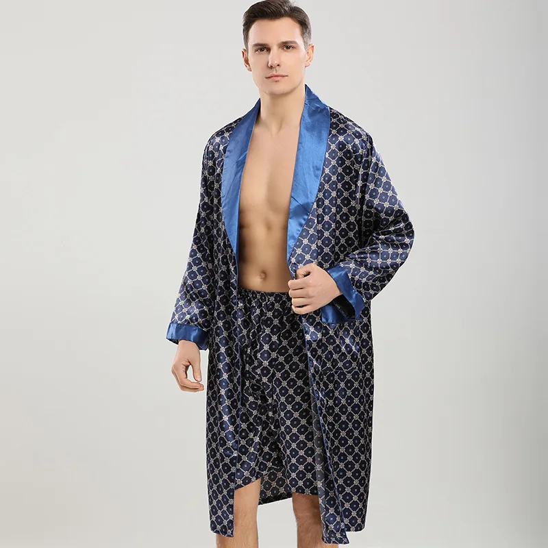 

Navy Blue Men Satin Nightgown 2pcs Robe Shorts Suit Kimono Gown Sleepwear Summer Casual Home Dressing Gown Plus Size 3XL