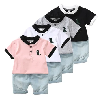 

2019 Baby Boys Casual Short Sleeve Boy Shorts Set Summer Dinosaur Print T-shirt Tops+Denim Shorts Costume Set