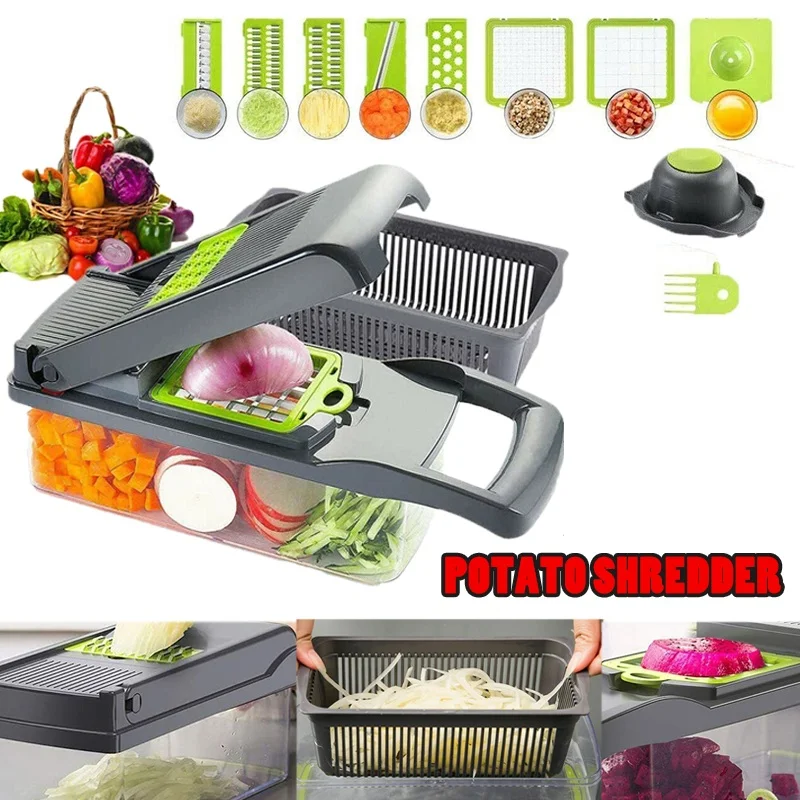 

12 In 1 Multifunctional Vegetable Cutter Vegetable Chopper Potato Cheese Slicer Spiralizer Mandolin Grater With Container