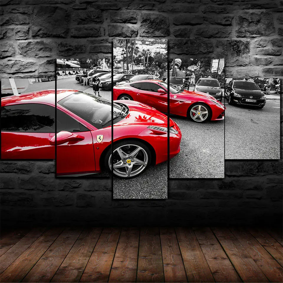 

No Framed Canvas 5Pcs Red Super Sports Car Wall Art Posters Pictures Home Decor Accessories For Living Room Paintings