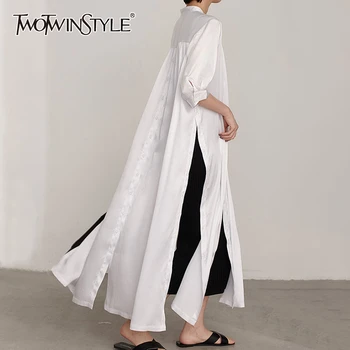 

TWOTWINSTYLE Casual Minimalist Women Dress V Neck Long Sleeve High Waist Side Split Dresses For Female Fashion Clothing 2020 New