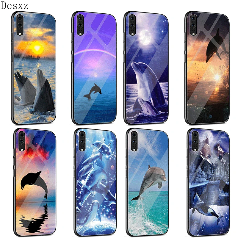 

Case Glass For Huawei P10 P20 P30 Lite Pro P Smart Mate 10 20 Lite Y6 Y9 Honor 7A 8X 9 10 Cover Animal Cute Dolphin Shell